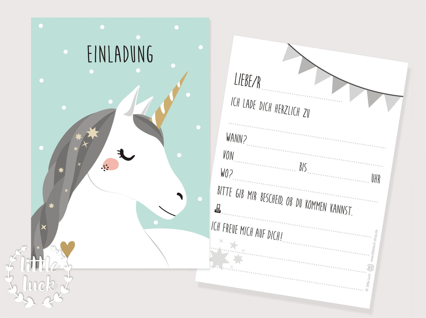 Einladungskarte mit süßem weißen Einhorn Motiv | Einladung zum Kindergeburtstag. Hintergrund: mint mit weißen Punkten. Auf Rückseite kann alles Wichtige eingetragen werden.