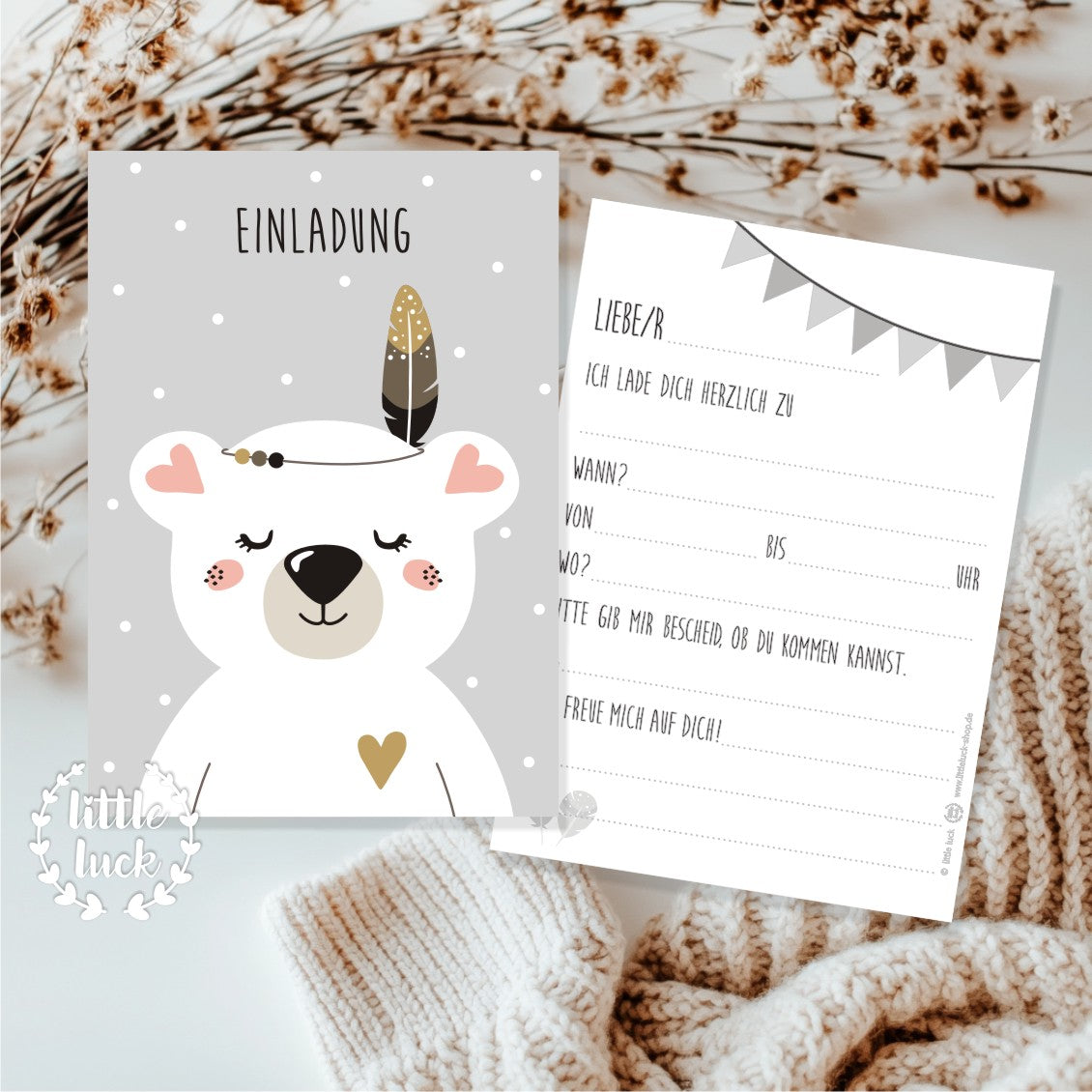 Einladungskarte mit niedlichem Eisbär Motiv | Einladung zum Kindergeburtstag. Auf Rückseite kann alles Wichtige eingetragen werden.