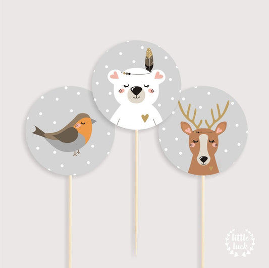 Cake Topper mit Tieren: Eisbär Hirsch Rotkehlchen für Mottoparty Kindergeburtstag & Babyshower