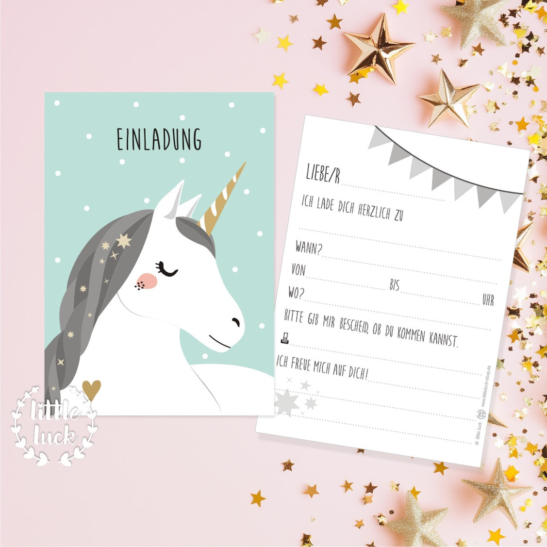 Einladungskarte mit süßem weißen Einhorn Motiv | Einladung zum Kindergeburtstag. Hintergrund: mint mit weißen Punkten. Auf Rückseite kann alles Wichtige eingetragen werden.