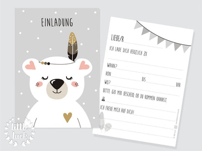 Einladungskarte mit niedlichem Eisbär Motiv | Einladung zum Kindergeburtstag. Auf Rückseite kann alles Wichtige eingetragen werden.